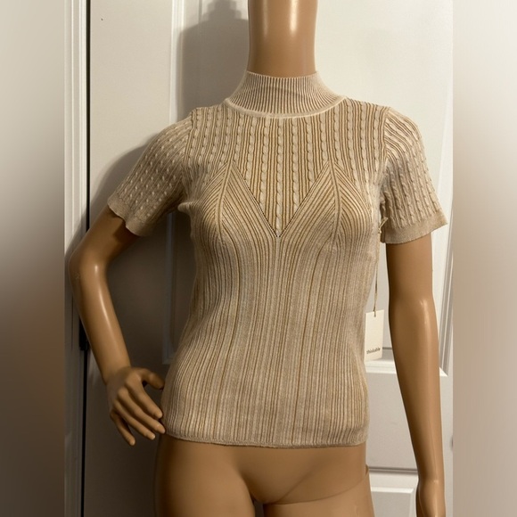 NWT-Mock neck Double Color Patterned Short Sleeve Knit Top - Picture 12 of 13